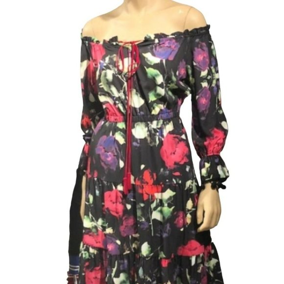 KikiRiki Off-The-Shoulder Sheer Floral Maxi Dress Black Red Size Medium NWT - Picture 2 of 4